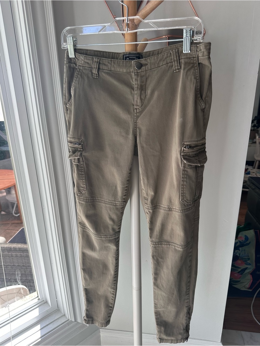 SUPERDRY Women’s Cargo Pants in Olive Army Green Cotton Low-Rise Size Small